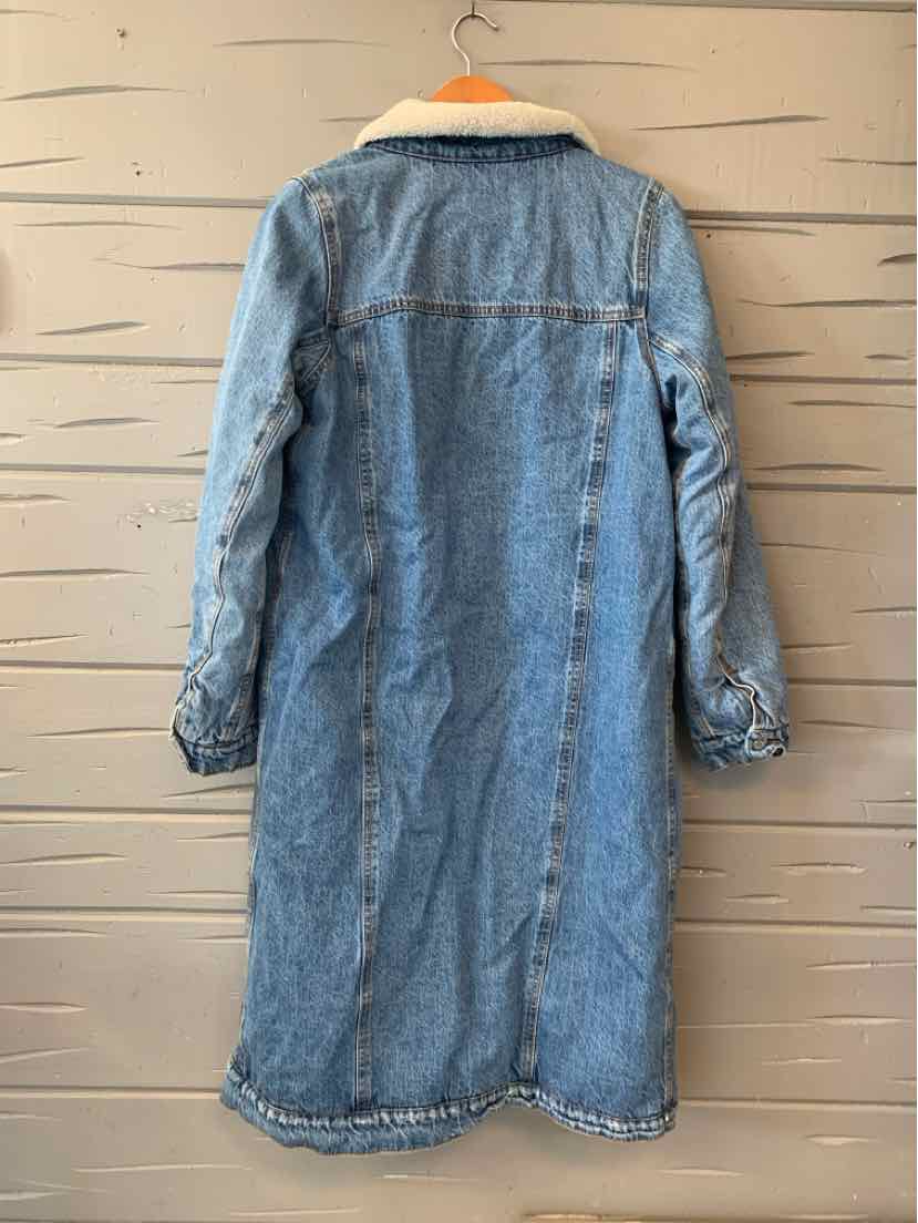 Light blue denim long coat with white sherpa collar and buttoned cuffs, medium wash finish.