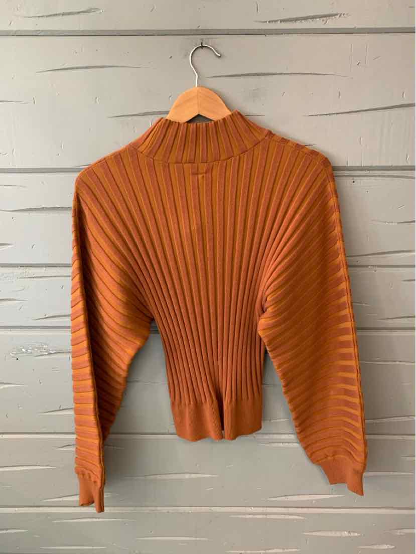 Tan ribbed knit sweater with long balloon sleeves and a mock turtleneck collar.