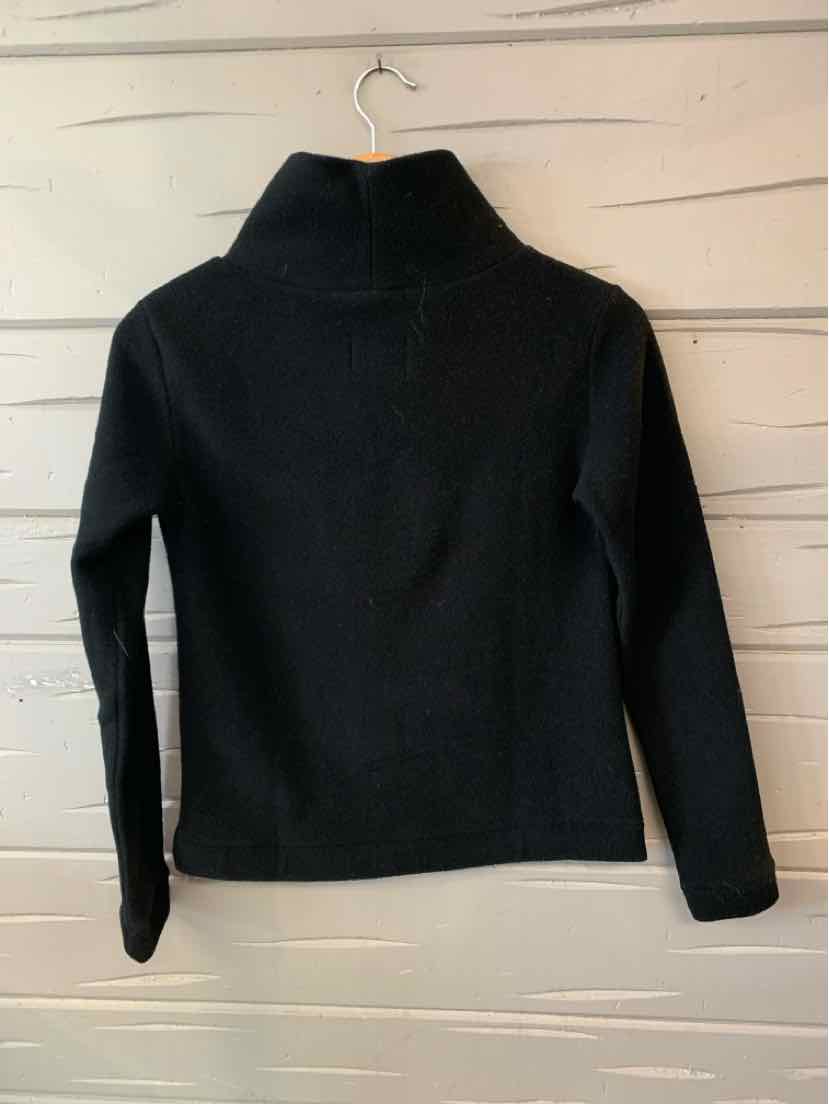 Black long-sleeve fleece jacket with high collar, slim fit, and soft texture in size XS.