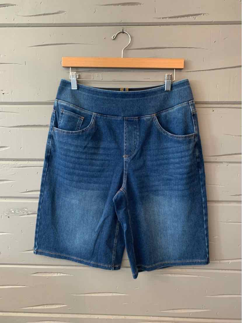 Mid-blue denim shorts with front pockets and subtle fading, casual knee-length design.