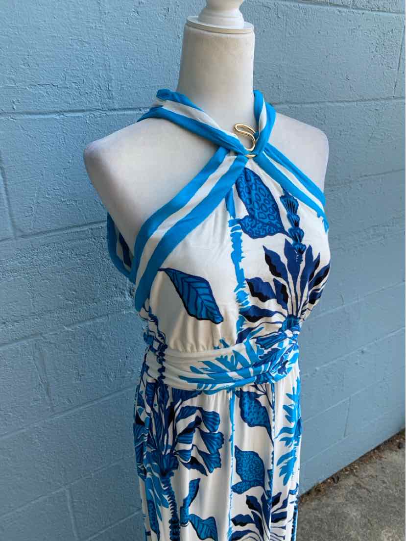 Blue and white tropical print halter dress with tie waist and size 14 label.