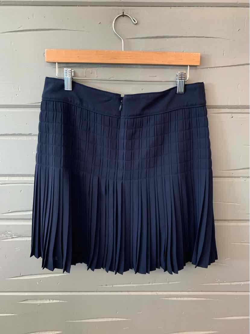 Navy blue pleated skirt with fitted waistband, size 4, hanging on wooden hanger.
