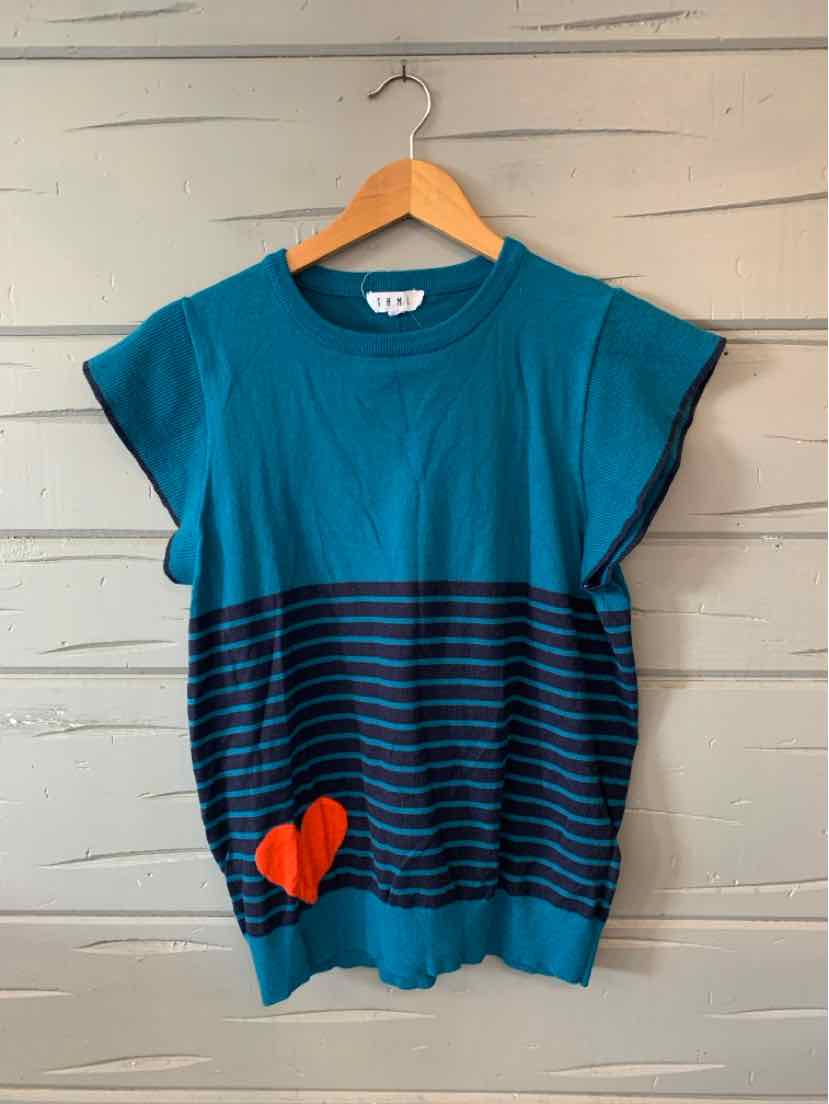 Blue short-sleeve knit top with black horizontal stripes and an orange heart patch near the hem.
