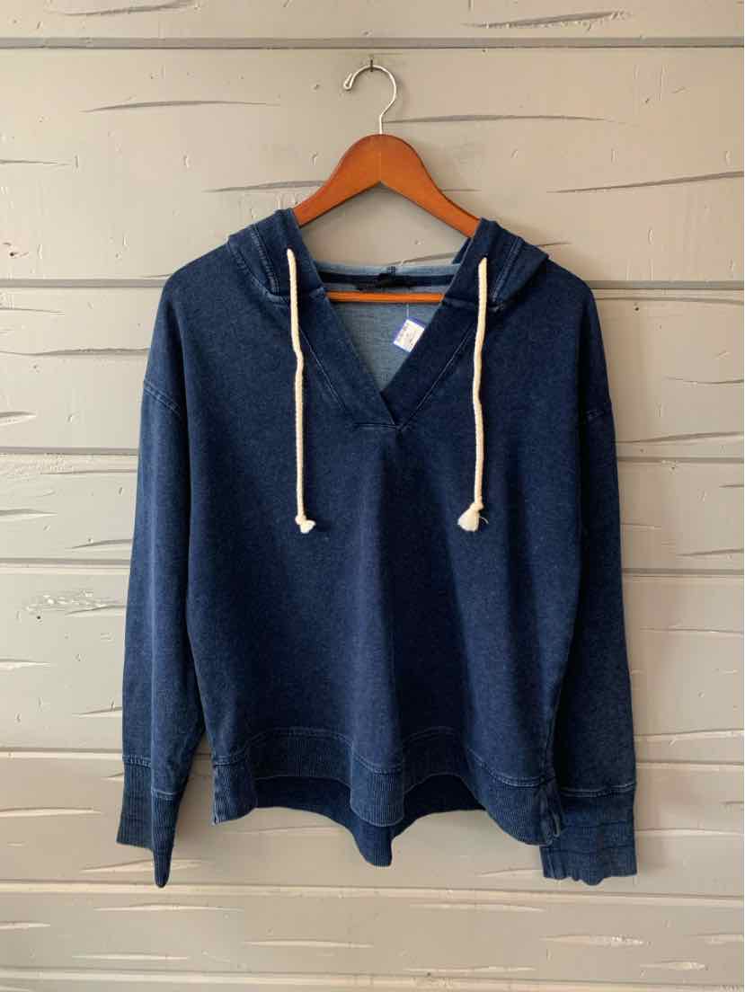 Women’s navy blue hooded pullover with a V-neck, white drawstrings, and ribbed cuffs and hem.