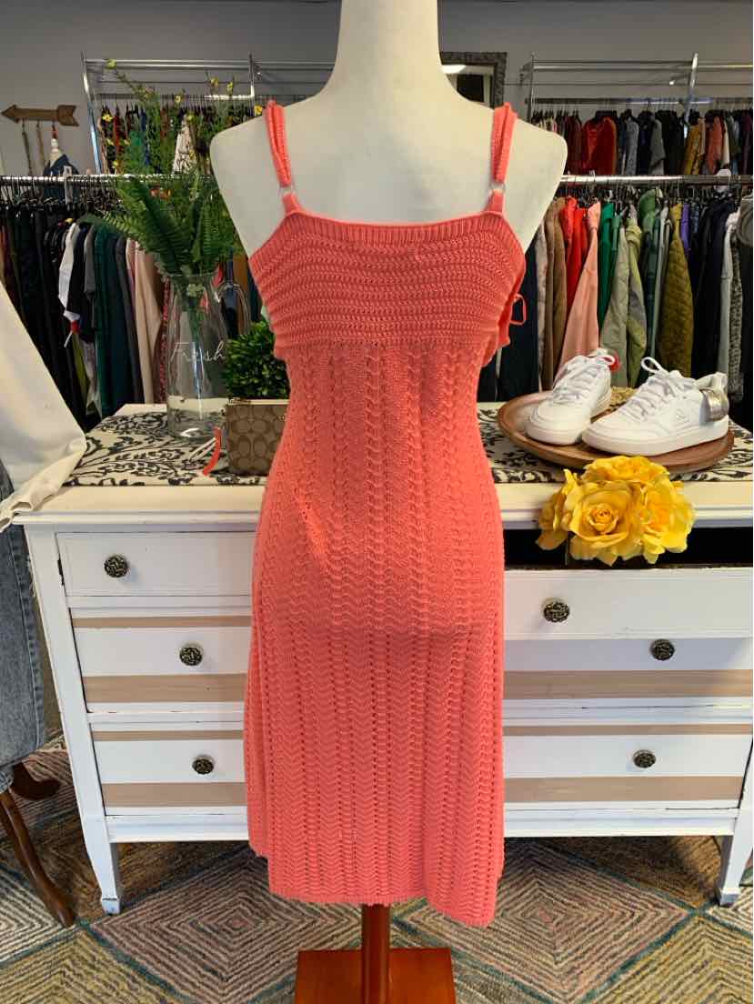 Coral pink knit sleeveless dress with ruffled square neckline and fitted silhouette in size XL.