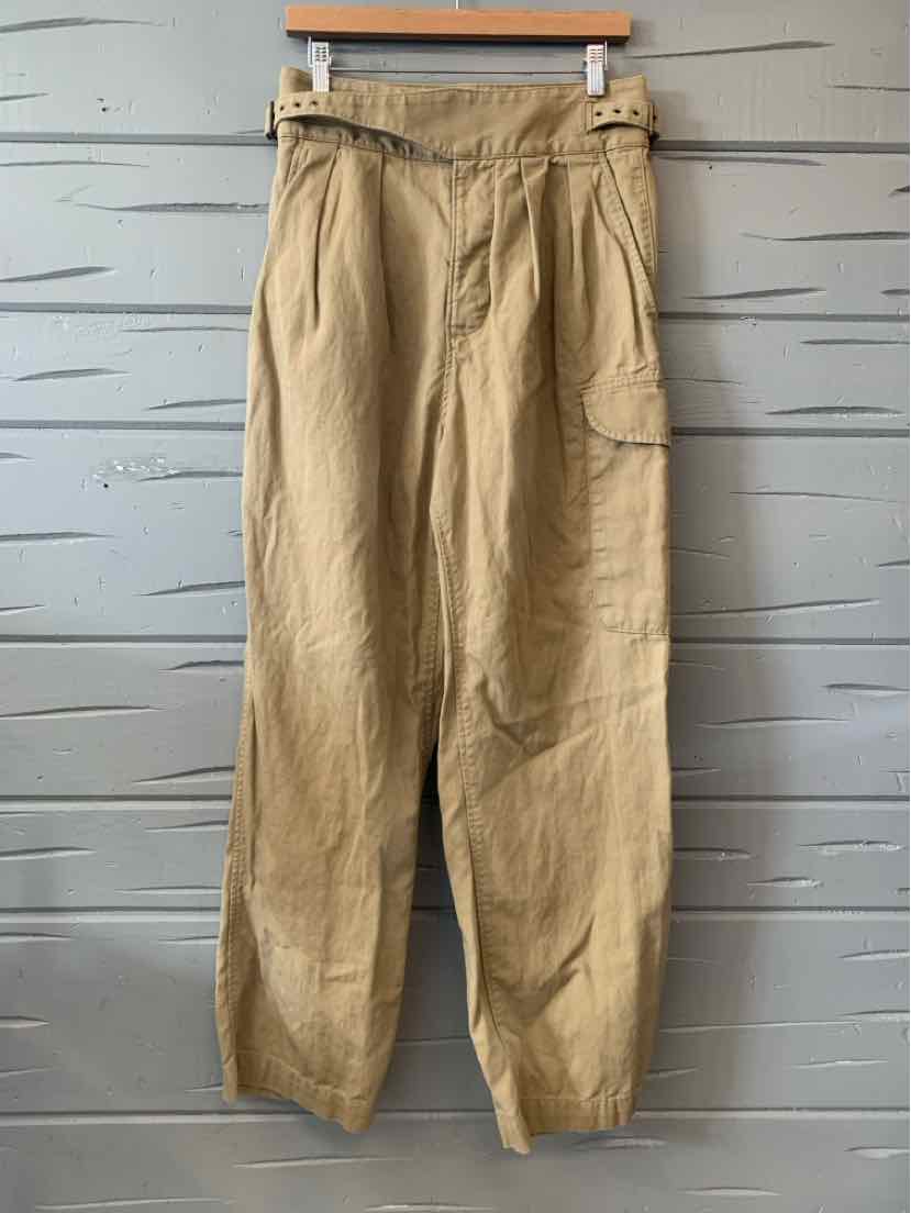 Tan high-waist trousers with pleats, tapered legs, and a relaxed fit in size 4S.