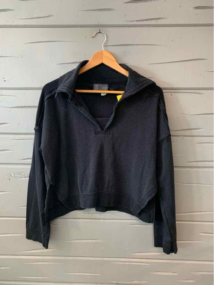Black long-sleeve pullover with a wide collar and partial front zipper, made of soft fabric, size small.