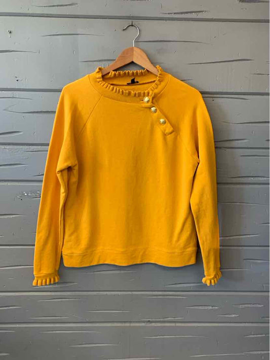 Mustard yellow Talbots women’s long-sleeve pullover with a high draped neckline and gathered cuffs.