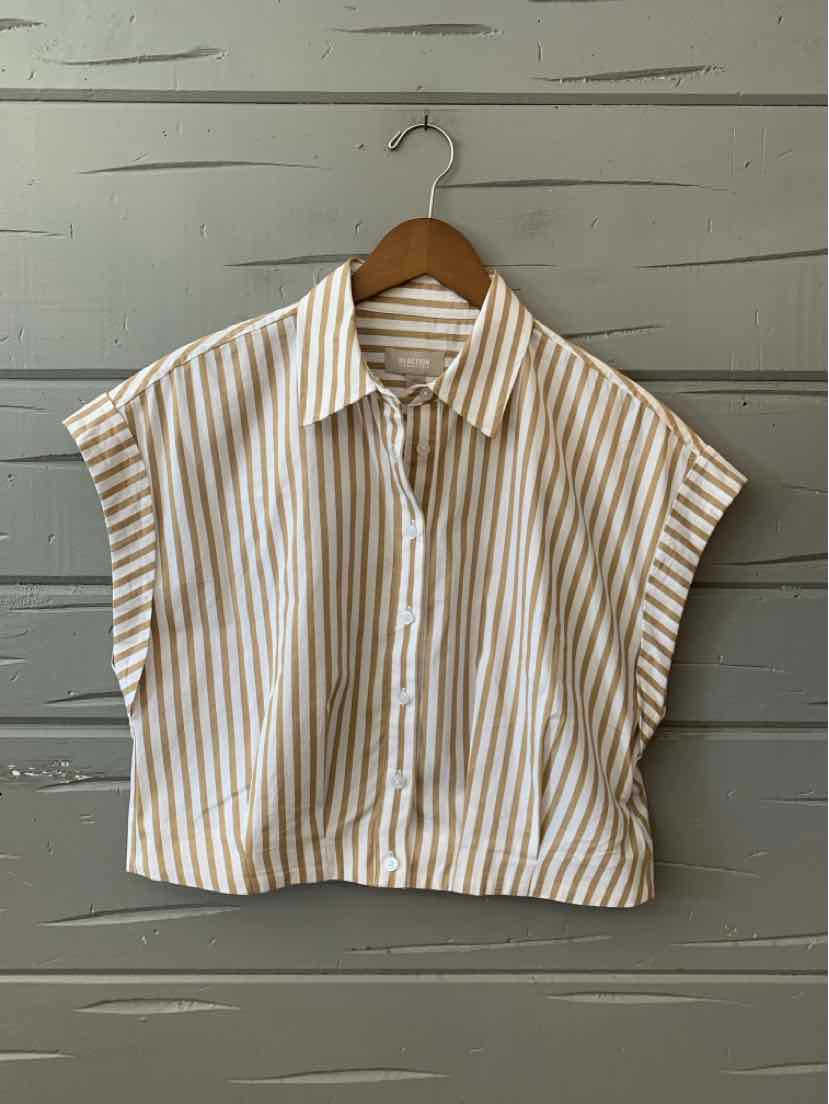 Tan and white vertical striped short-sleeve button-up shirt with a loose fit and collar.