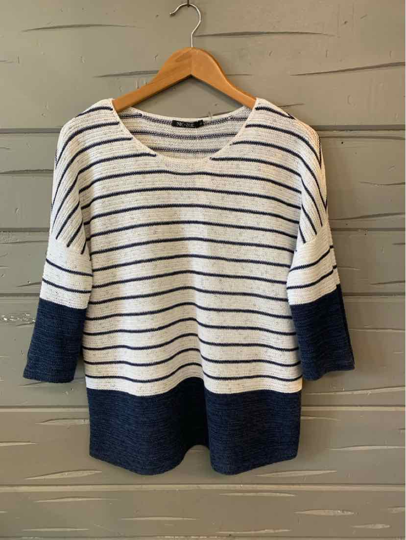 White knit sweater with navy horizontal stripes, navy cuffs, and navy hem, size large.