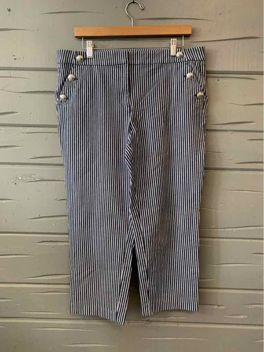 Blue striped midi skirt with front slit and decorative buttons on pockets, size 12.