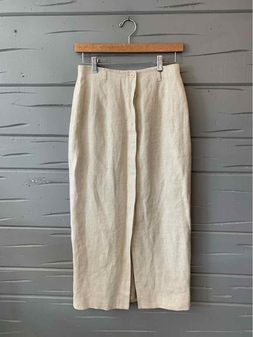 Beige linen high-waist pants with wide legs and front button closure, size 6.