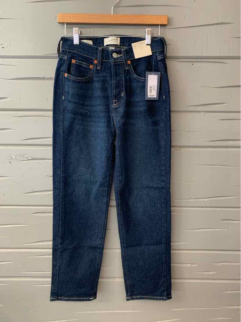 Dark blue high-waisted straight-leg denim jeans with five-pocket design and orange stitching.