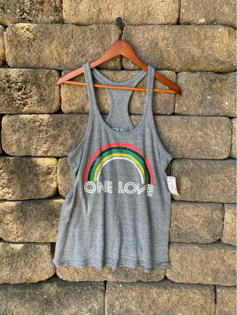 Gray sleeveless tank top with racerback, featuring a rainbow graphic and "ONE LOVE" text across the front.