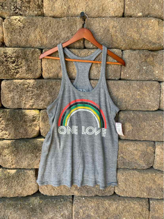 Gray sleeveless tank top with racerback, featuring a rainbow graphic and "ONE LOVE" text across the front.