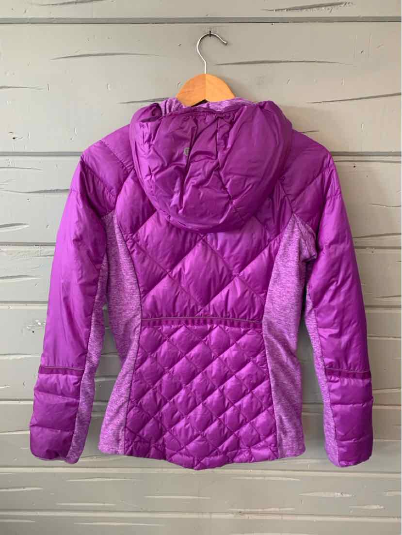 Purple quilted hooded jacket with fitted waist and long sleeves.