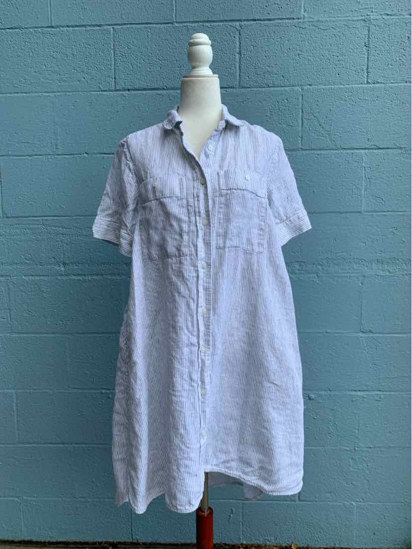 White short-sleeve linen dress with subtle vertical stripes, collar, and front buttons, size small.