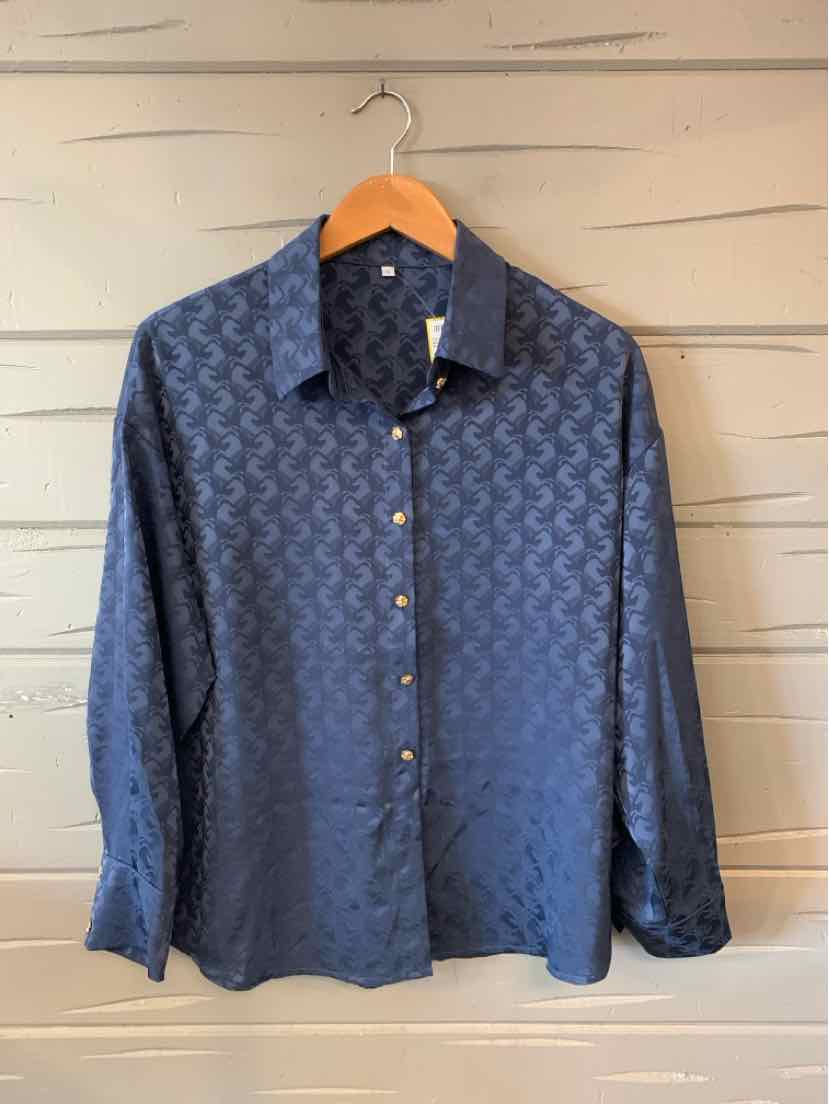 Long-sleeve navy blue button-up shirt with subtle geometric pattern and classic collar.