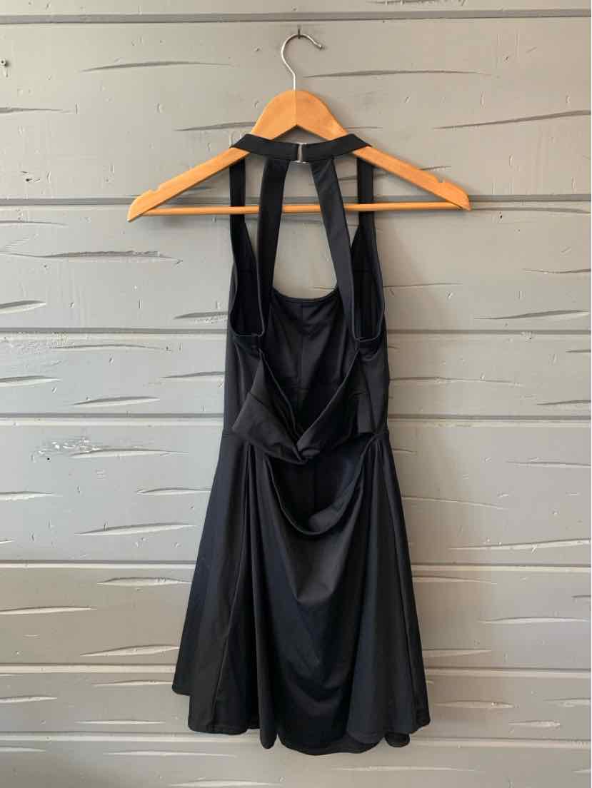 Black sleeveless dress with halter neckline and gathered waist detail, medium size.