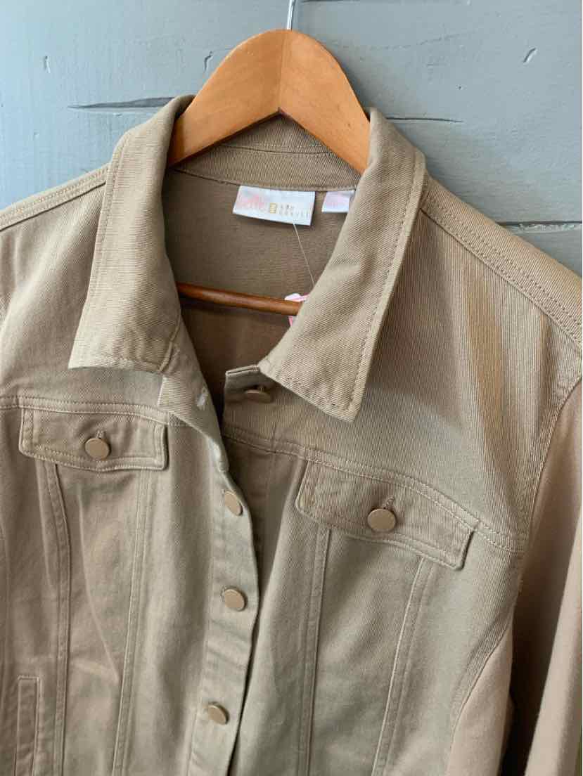 Tan button-up denim jacket with chest flap pockets on wooden hanger.