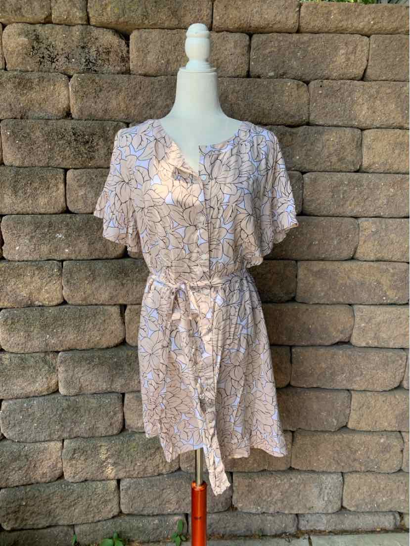 Tan floral knee-length dress with short flutter sleeves and a matching waist tie.