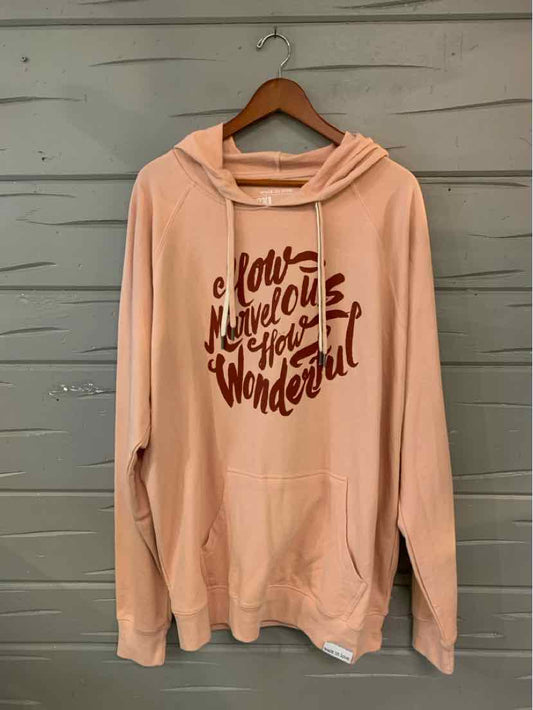 Light pink oversized hoodie with front pouch pocket and maroon inspirational text design on chest.