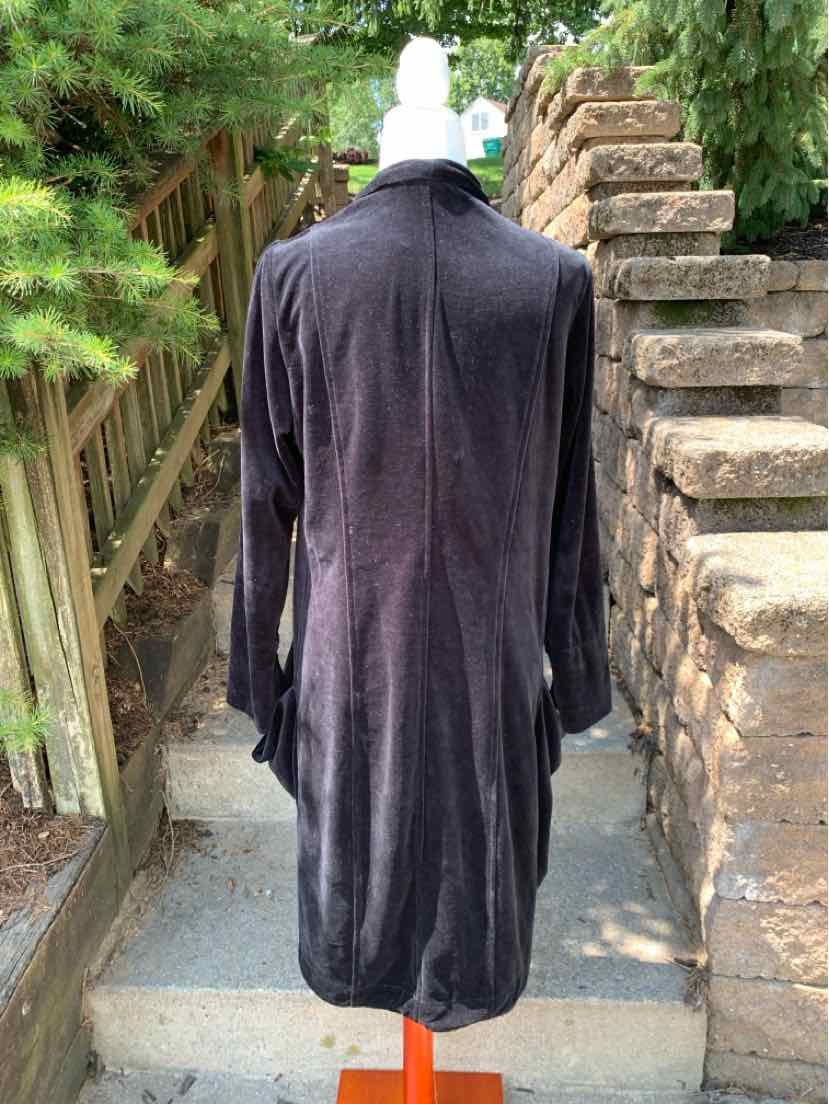 Black velvet long-sleeve dress with high collar in size XL, shown from the back.