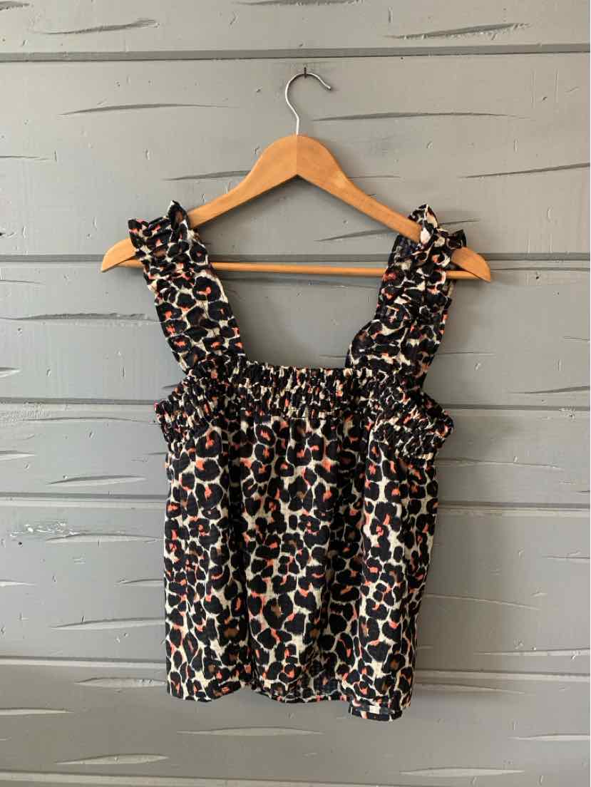 Women's leopard print sleeveless top with ruffled straps and square neckline, lightweight fabric.