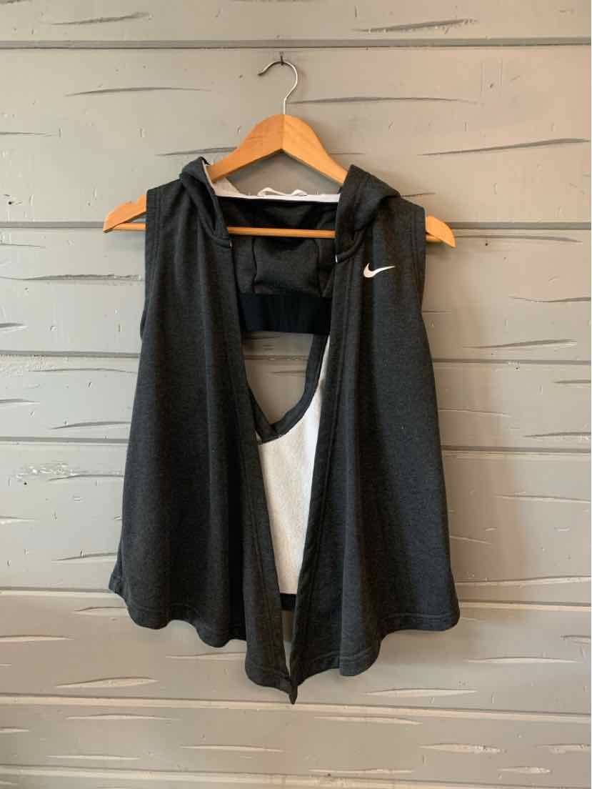 Black sleeveless Nike zip-up vest with hood and white swoosh logo on chest.