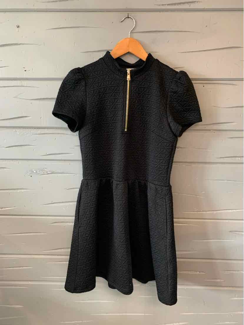 Black short-sleeve dress with puffed shoulders, fit-and-flare silhouette, and front zipper closure.