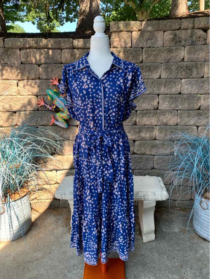 Blue floral midi dress with short sleeves, collar, button-front, and elastic waist.