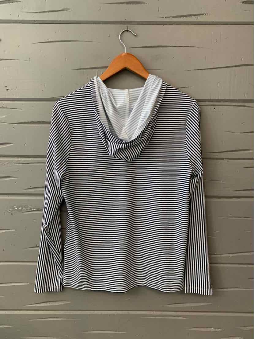 White and navy striped long-sleeve hooded shirt with a soft fabric and relaxed fit, size medium.