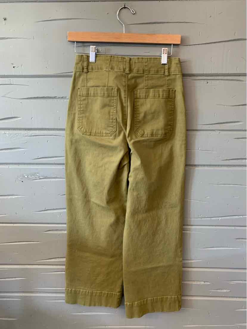 Olive green high-waist pants with wide legs and back patch pockets, size 4.