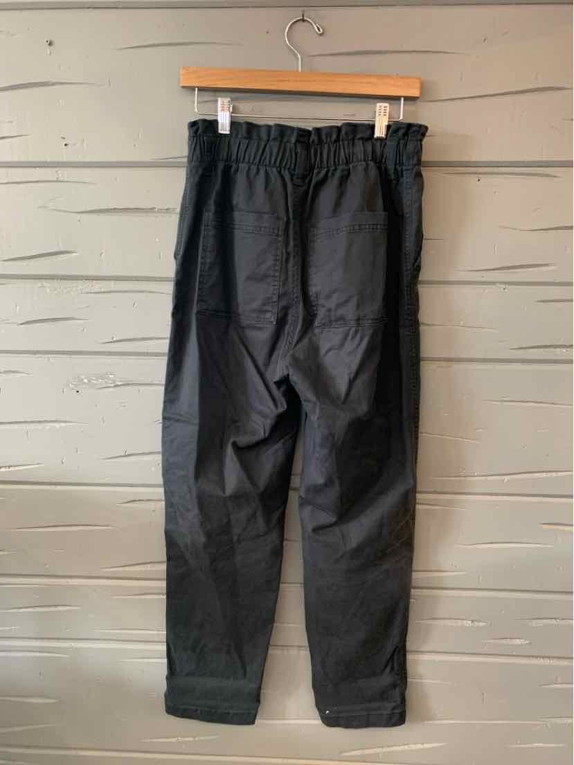 Dark gray tapered pants with elastic waistband and cuffed hems, casual fit, lightweight fabric.