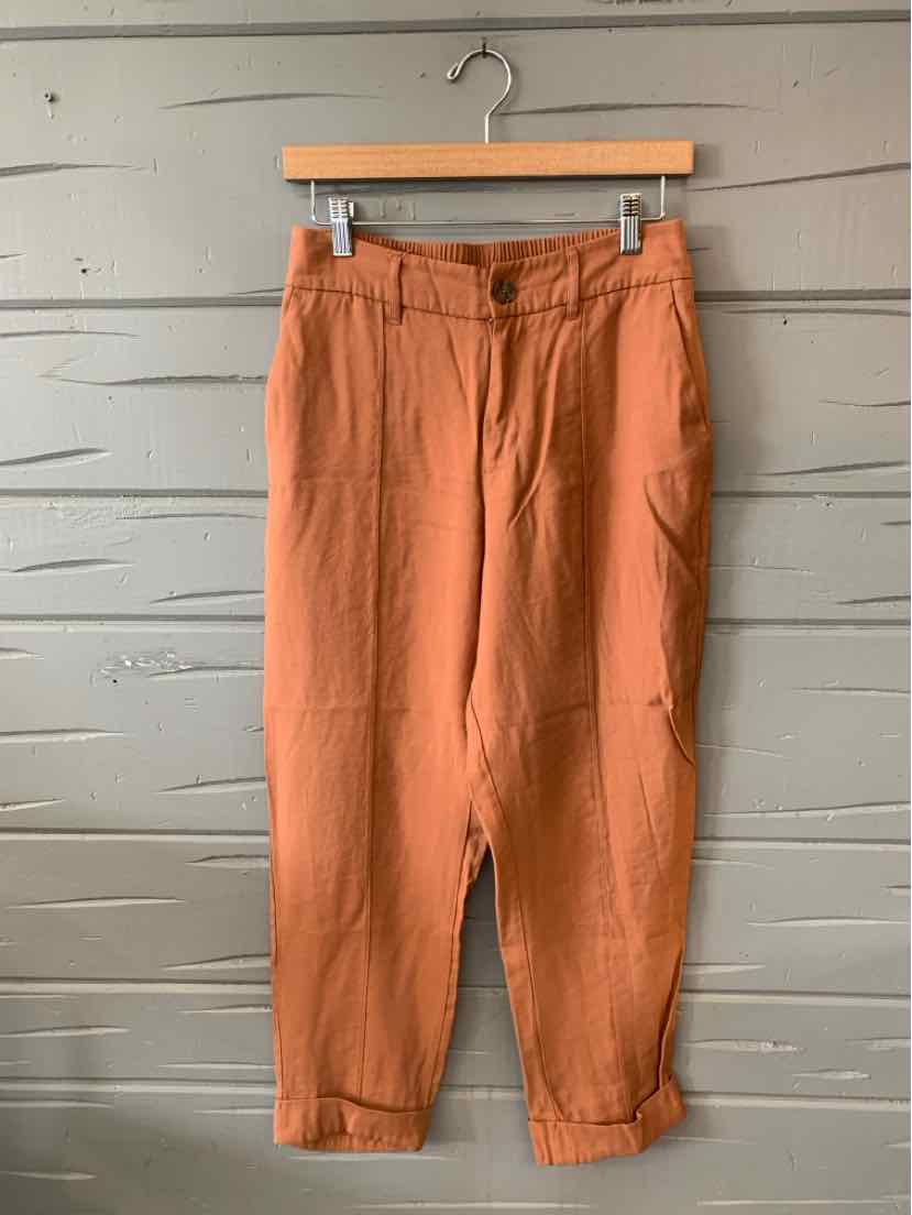 Rust-orange casual pants with pleats, button closure, and cropped tapered legs on wooden hanger.