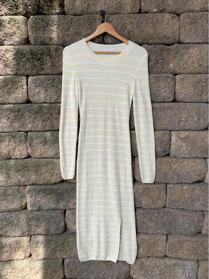 Beige and white striped long-sleeve knit dress with crew neckline, size XS.