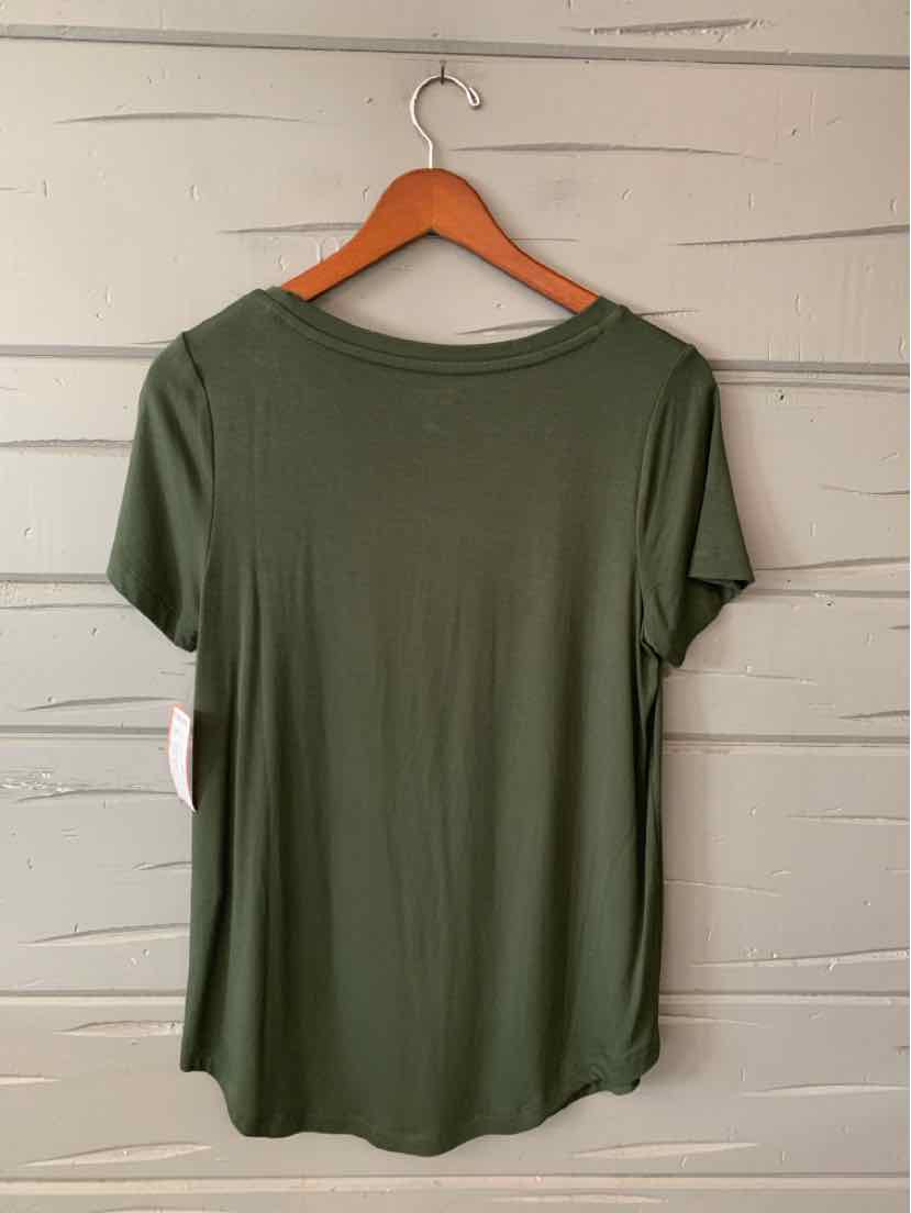 Olive green short-sleeve relaxed-fit t-shirt with crew neckline hanging on wooden hanger.