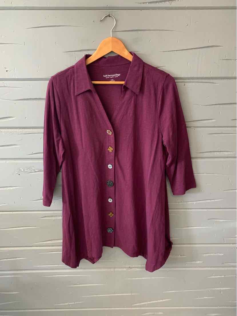 Long-sleeve button-up shirt in deep plum with a soft, lightweight fabric and relaxed fit.