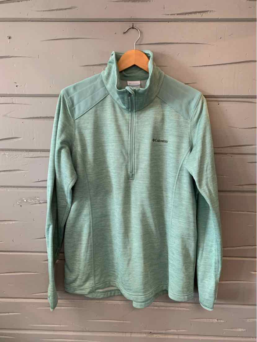 Light green quarter-zip pullover with long sleeves, high collar, and subtle Columbia logo on chest.