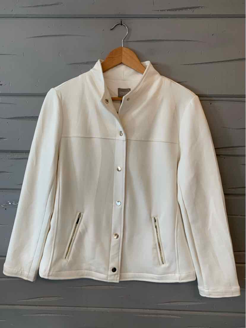 Off-white suede medium jacket with snap button front and zippered side pockets.