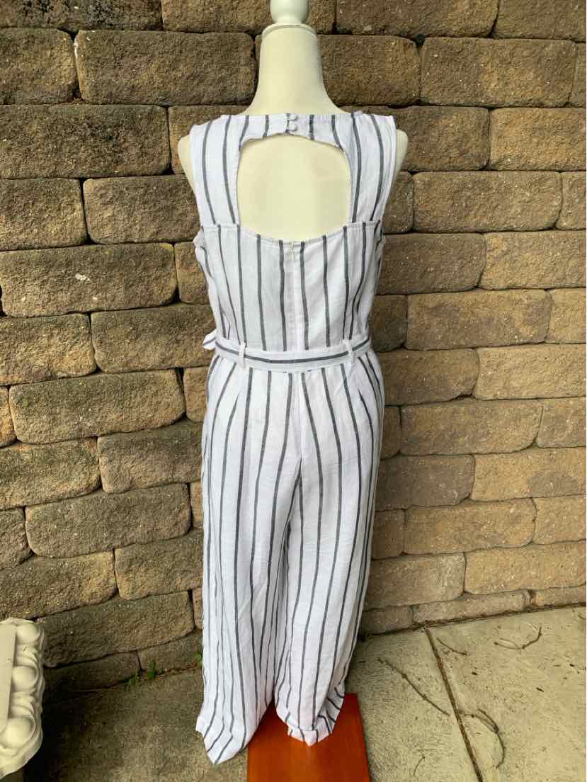 White sleeveless jumpsuit with vertical black stripes and a square cutout back, size 8.