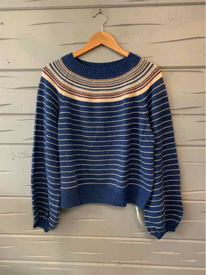 Navy blue knit sweater with multicolor horizontal stripes and ribbed collar, cuffs, and hem.