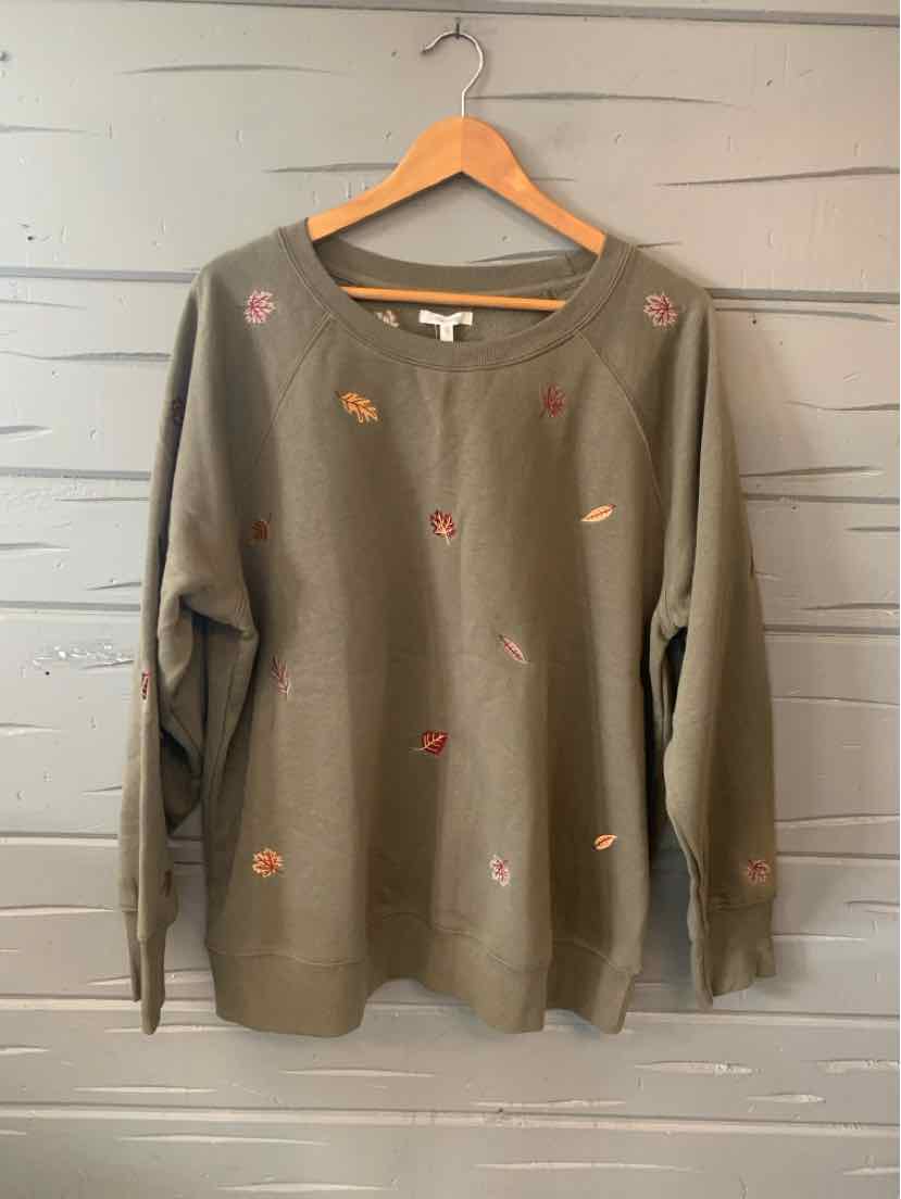 Olive green long-sleeve sweatshirt with small multicolor leaf prints and a crew neckline, size XXL.