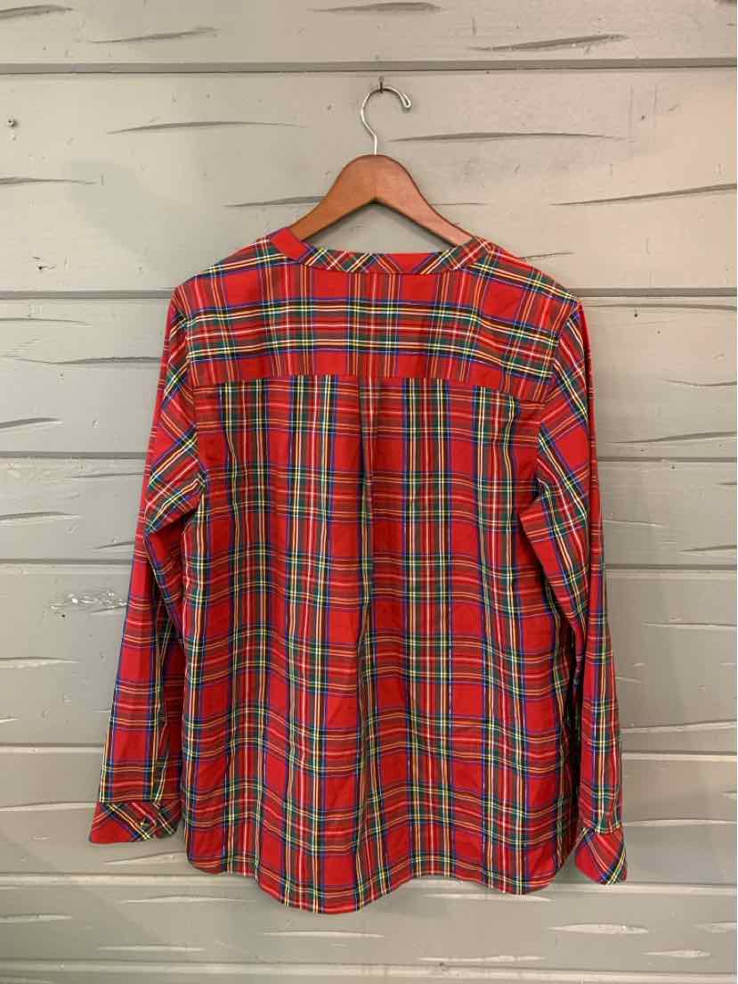 Red plaid long-sleeve shirt with buttoned cuffs and yoke back detail, size large.