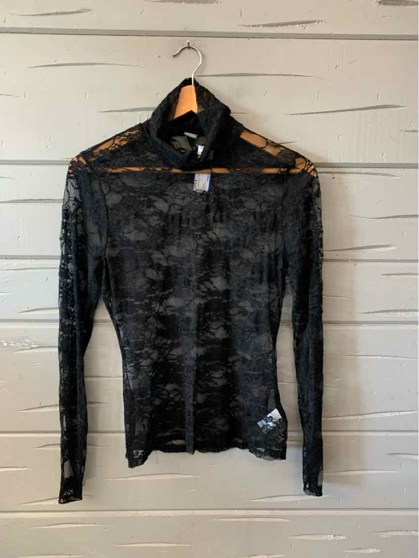 Black sheer lace long-sleeve top with a high neckline and floral pattern.