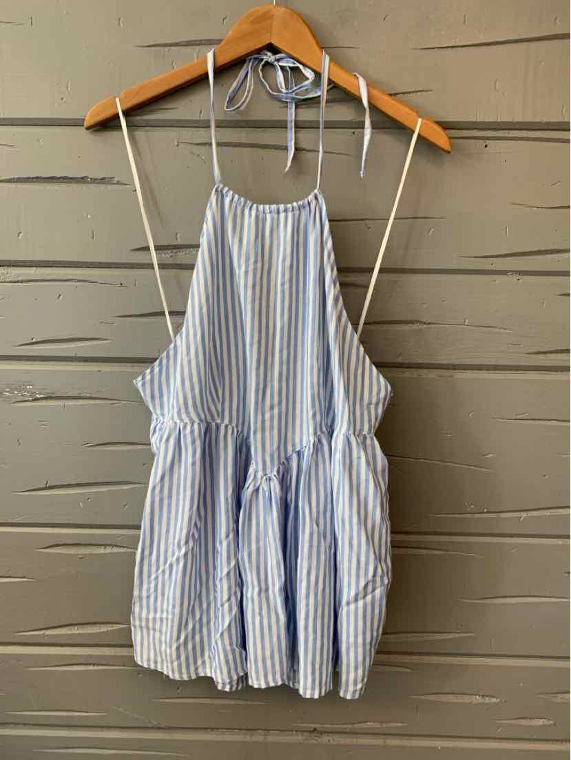 Blue and white striped sleeveless dress with halter neckline and gathered waist.