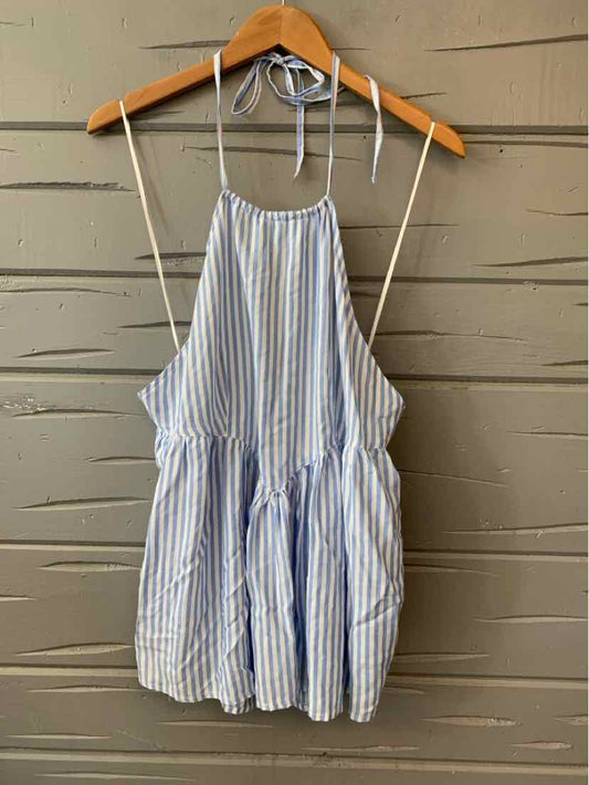 Blue and white striped sleeveless dress with halter neckline and gathered waist.