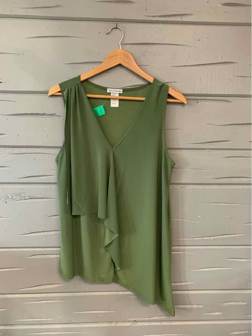 Olive green sleeveless V-neck blouse with asymmetrical hem on wooden hanger.