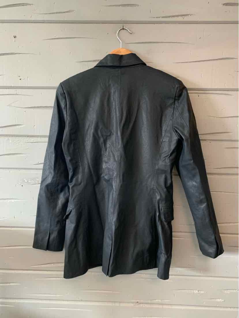 Black faux leather fitted blazer with long sleeves and back vent detail, size small.