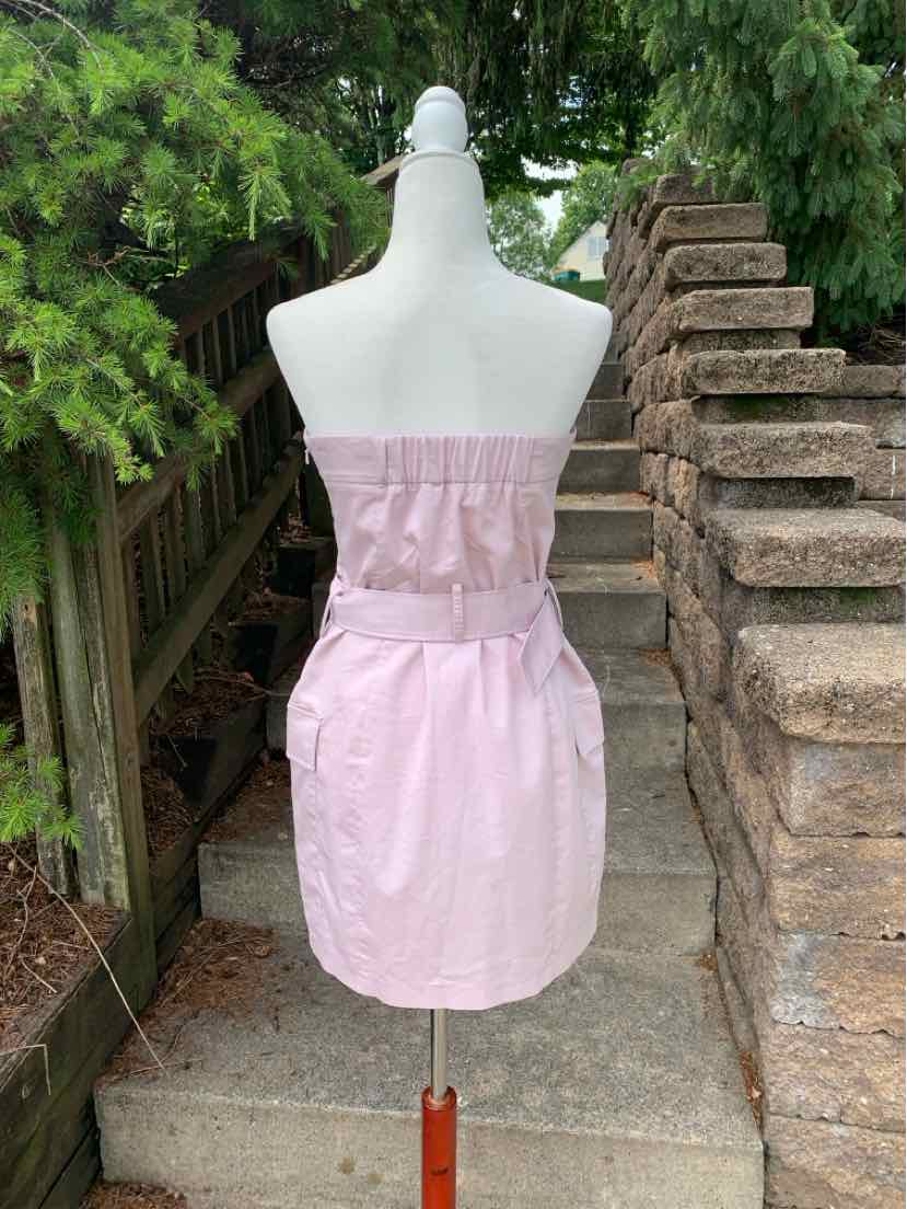 Light pink strapless dress with gathered elastic top and waist, knee-length skirt, and side pocket details.